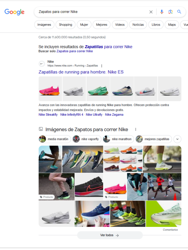 Búsqueda SERP zapatos para correr nike